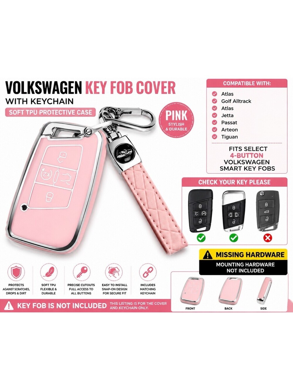 Volkswagen 4 Button Smart Key Fob Cover Pink TPU Case w/ Keychain Atlas Jetta